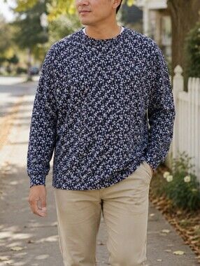 Simons Stretchy Floral Print Sweater Men’s Crew Neck Casual Knit Pullover